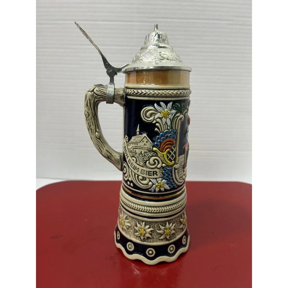MAPSA Musical Tavern Relief Beer Stein Cobalt Blue Swiss Movement Bavarian
